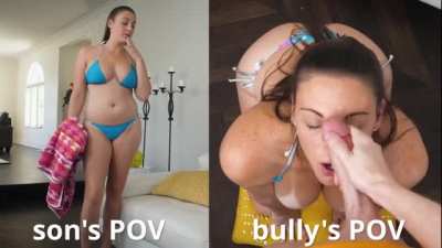 Same woman, same bikini, two different perspectives