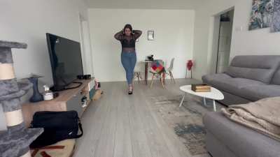 Walking Slowly In High Heels And Blue Jeans While Ripping Farts