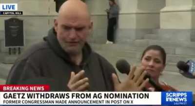 John Fetterman reacts to the news that Matt Gaetz dropped out of his AG nomination 