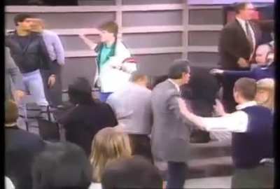 Geraldo Rivera gets his nose broken during a big brawl with skinheads in 1988