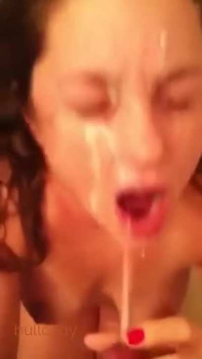 Soaking this beautiful hotwifes face and tits in my cum!