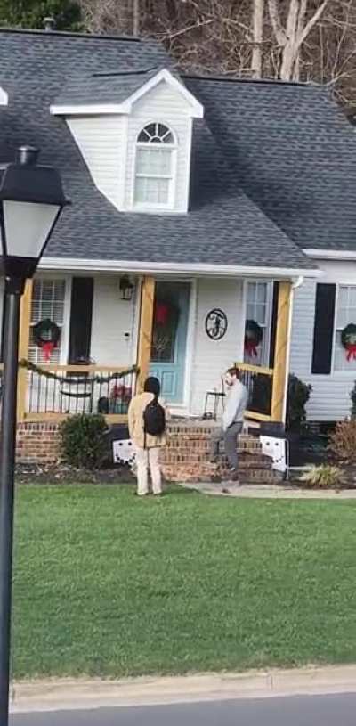 [Aftermath] Heard a loud crash outside, someone had run their car into my neighbors porch and rolled further into their yard. Cops came quick and arrested the driver, passenger walked off into the woods before the cops showed up.