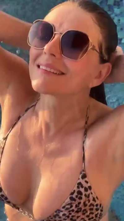 Elizabeth Hurley celebrating her bikini clothing line on Instagram 1/18/26