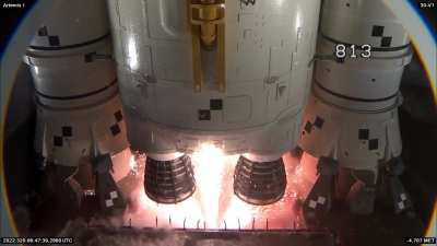 A close-up, slow-motion look at NASA's Artemis I rocket in the final seconds before launch