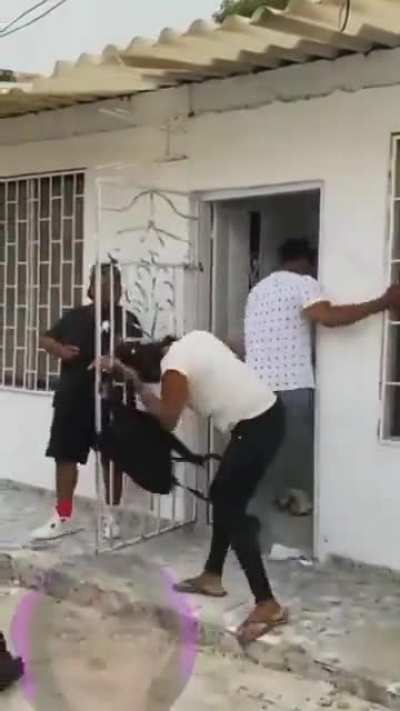 Woman tries to hit people with backpack, Karma says nope