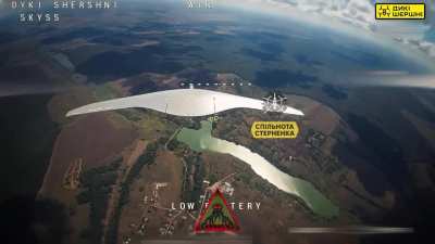 Russian SuperCam drone being taken down by a ukrainian fpv drone, video captured from an another fpv drone.