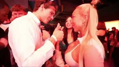 Random girl excitedly lets Clav grab & feel her fake tits. Then Clav tells both girls 