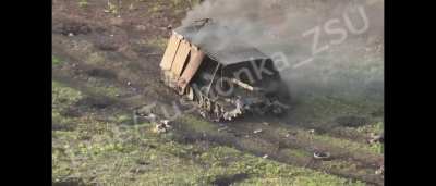 Multiple burning Russian vehicles in clear footage. At the end, a wounded russian soldier tries to shoot himself.