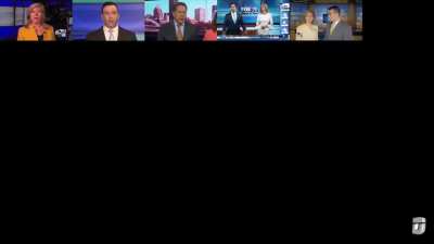 A collage of over 30 newscasters from various U.S. states reading the same news story simultaneously.