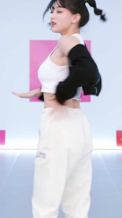 Jihyo - pigtails, white sweat pants, top, black sweater sleeves, The Feels Unit Dancing Game