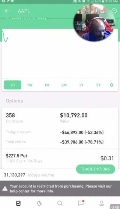Snoop Dogg using Robinhood infinite leverage glitch for OTM puts on AAPL earnings GUH