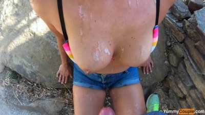 this is us: happy MILF gets HUGE cum showers outdoors (OC)