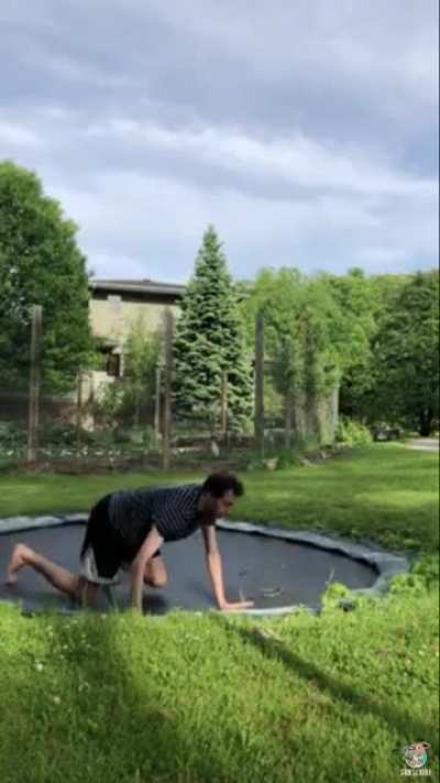 Guy notices snake on trampoline