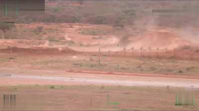 Security camera captures Al-Shabaab detonate a massive VBIED at the gated entrance of US-controlled Baledogle Airfield (Somalia). A ground assault quickly follows up with Al-Shabaab militants charging on foot and by vehicle as both they and US soldiers en