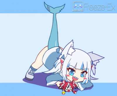 Just a shark cat toying with a mischievous mouse.
