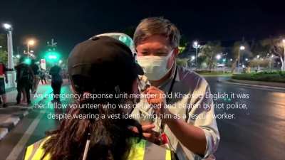 Thailand protest today: a medical volunteer was detained and beaten by riot police, despite wearing a vest identifying him as a rescue worker. (The guy who got beaten is not the one in the first video, it is another guy who came to help him)