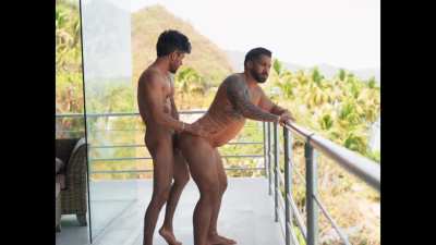 Fuck in the balcony, standing fuck and facial