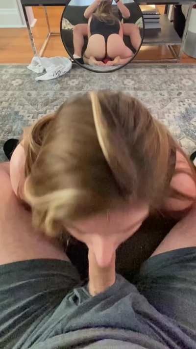He got a mirror blowjob after lunch