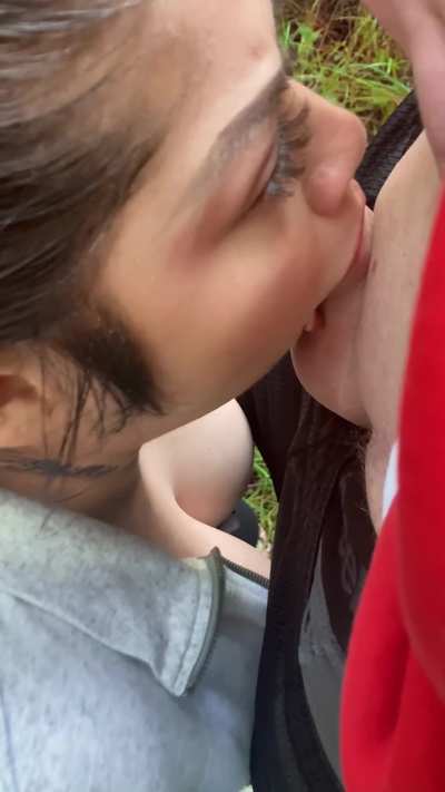 On my knees gagging on his cock outdoors