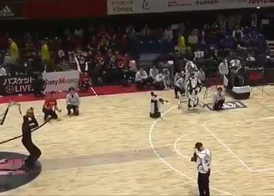 Robot making a basketball shot, Japan.