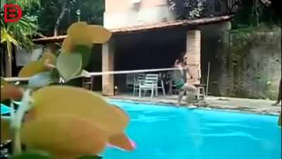 Playing with a tight-rope over a pool.