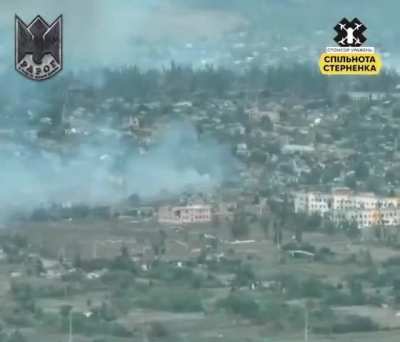 Drone footage provided by the Ukrainian 24th Mechanized Brigade showing the attack on Russian 2S9 