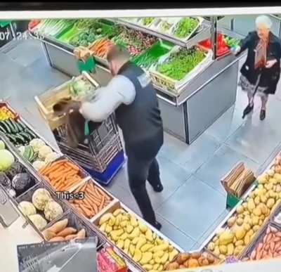 A senior lady and grocery store employee have a stand off every time she comes by shopping.