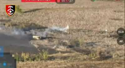 First time destroying a Russian tank using a Dragon drone with thermite payload. 65 km north of Pokrovsk, 30th Mechanized Brigade