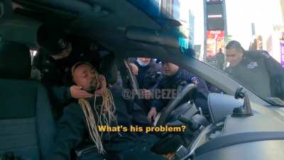 Youtuber pretends to faint in his car for clout. NYPD busts open his windows. I have edited out all the fluff.