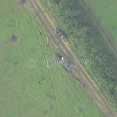 ru pov: Ukrainian tank receiving Lanced drone hit while trying to evacuate damaged armored car - then runs over it