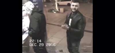 Pleads with security camera after stealing