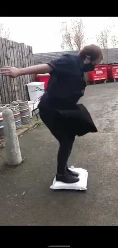 Man jumping on a bag of wine shows why you should only jump on stable surfaces.