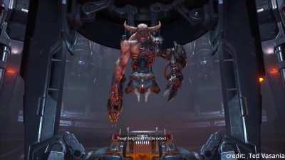 In Doom Eternal, the carcasses of the extinct Agaddon Hunters are cybernetically augmented below the chest. In its prequel, Doom: The Dark Ages, the Slayer can execute Agaddon Hunters by bisecting them at the chest, possibly producing the remains used in 