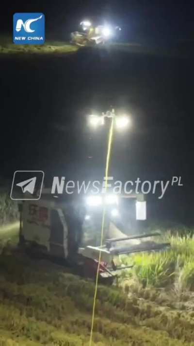 In Jiangsu province, China, local farmers use lighting drones during the autumn harvest, which allow them to work even after dark.