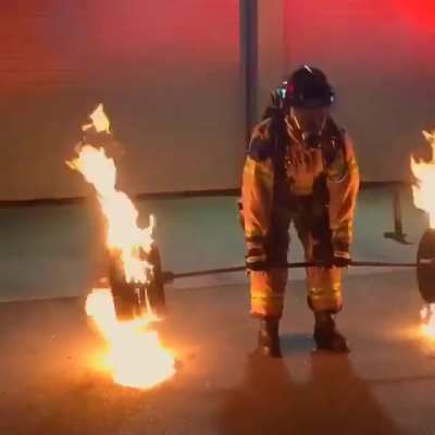 60 year old firefighter deadlifts 600 lbs of flaming steel to celebrate his retirement 🔥