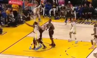 [Highlight] Draymond hits Sabonis in the face after a block, then lets out a yell
