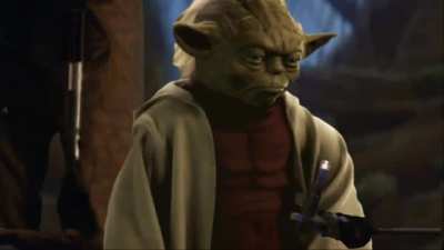 Yoda cuts R2D2 to pieces