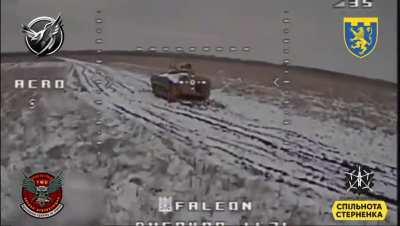 Ukrainian kamikaze drone destroys an abandoned Russian BMP. March 2024 (music from source)