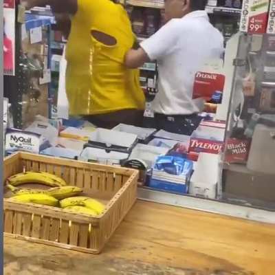 Going behind the counter to fight the convenience store clerk.