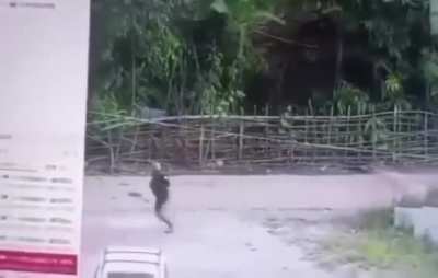 CCTV camera records a Myanmar (Burmese) Tatmadaw junta soldier getting killed by either MNDAA or TNLA during clashes in Muse, Shan State (2023)