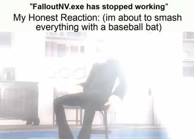 When you somehow managed to fuck it up despite using the Viva New Vegas Guide. Truly the DSPGaming of modding i am