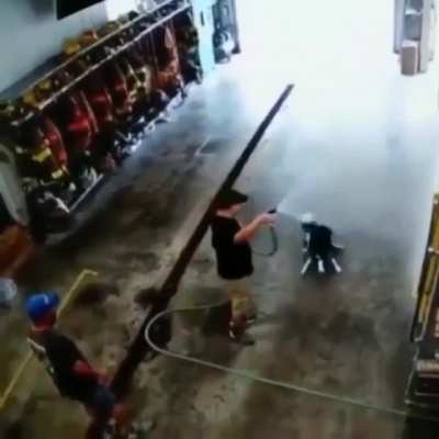Cleaning the fire truck.