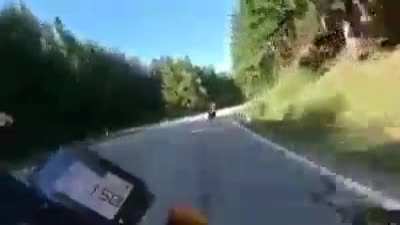 Going really fast on a bend you can’t see, what could go wrong?