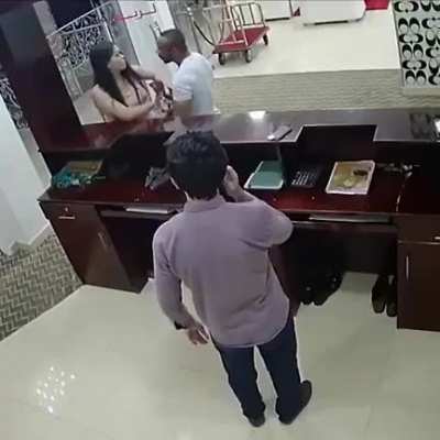Abusive jerk gets violent with his partner in a hotel lobby, doesn't go too well