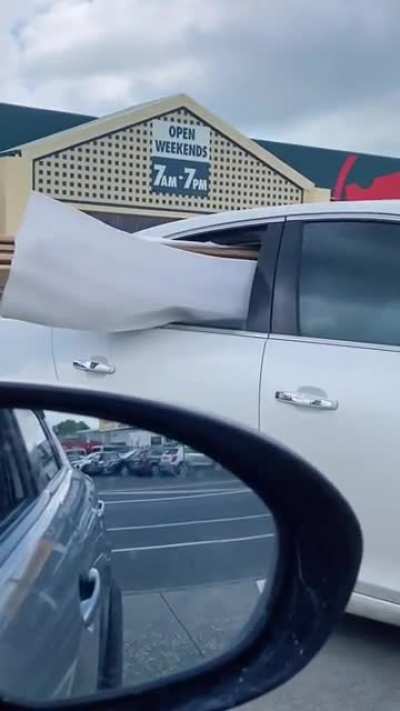 Hardware store in New Zealand. A man buys timber, loads it into the back seat of his car, with about 2.5m (9ft) sticking out the passenger window, and drives away. My question is - if this is the intellectual capacity of the driver, how did he get enough 