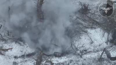 FPV drone drops a russian soldier passing 2 vehicles stuck in mud. January 2024.