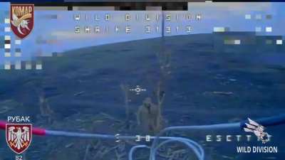 Russian Soldier tries to hit an FPV Drone with sticks but is struck by the airburst payload. Video by the Ukrainian Wild Division & Komar, 82nd Air Assault Brigade 