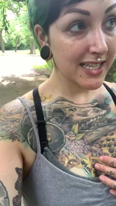 Flashing my little bush and my tit, do you think the joggers noticed? [gif]