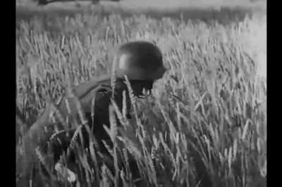 Staged propaganda sequence showing a T-34/76 stalked and destroyed by an infantryman with a Panzerfaust