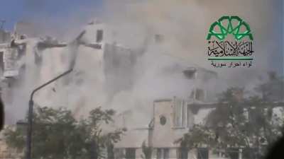 Opposition fighters use an improvised cannon to collapse sections of an SAA occupied building - Aleppo - 9/18/2014